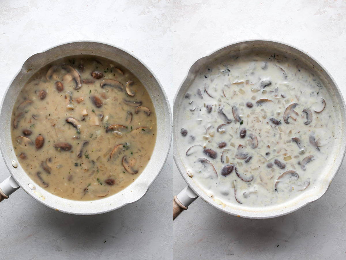 Broth and milk being whisked into vegetable mixture to form a roux