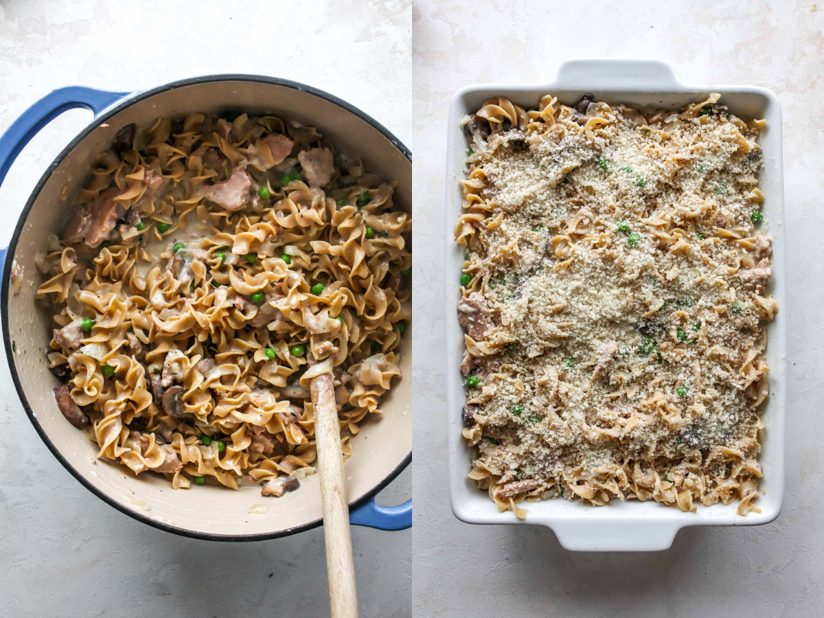 Noodles, tuna, and milk mixture being mixed together and transferred to a baking dish