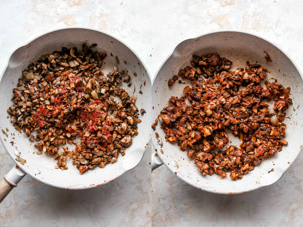 Tomato paste and spices being mixed in veggies