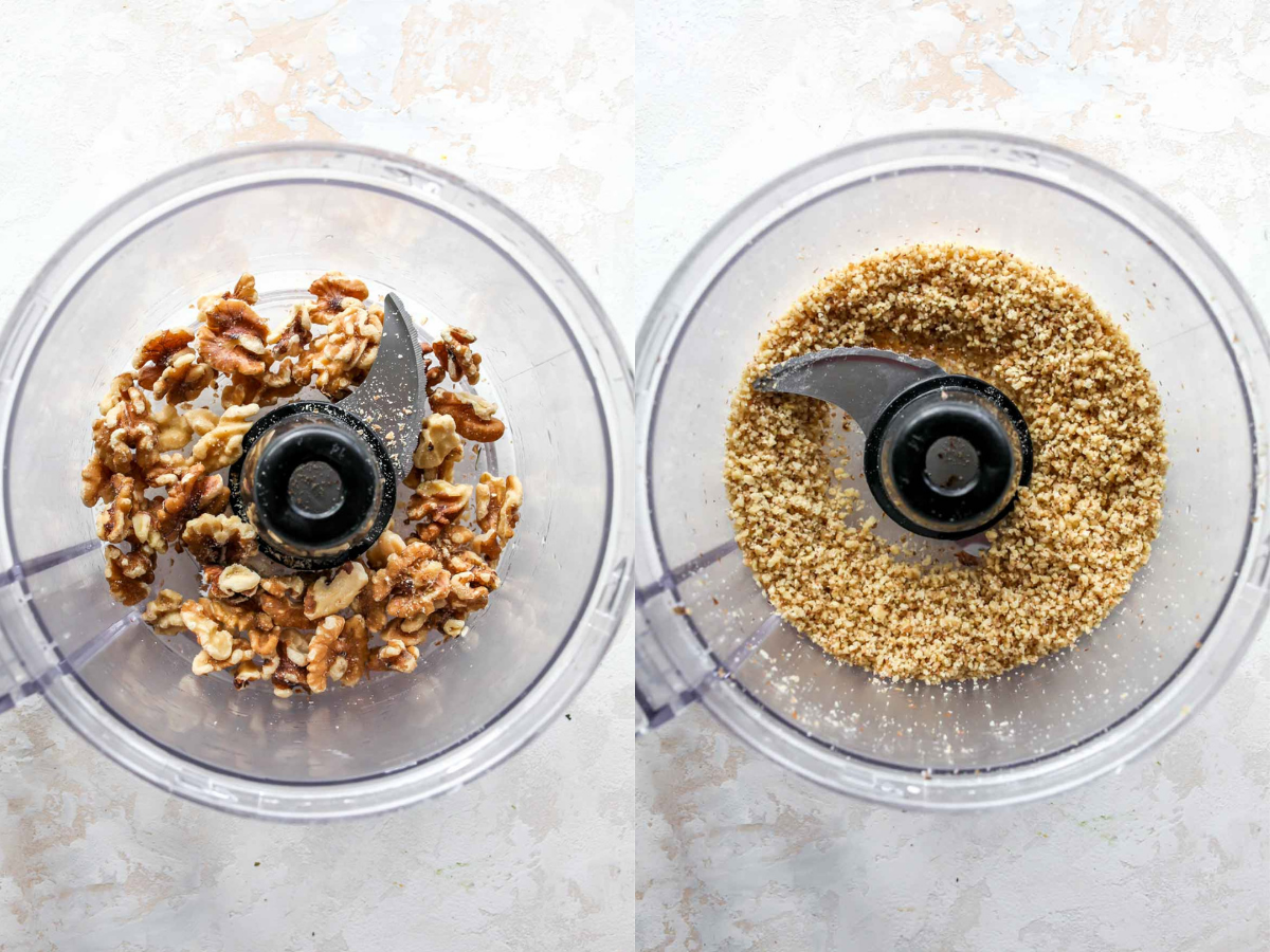 Walnuts being pulsed in a food processor