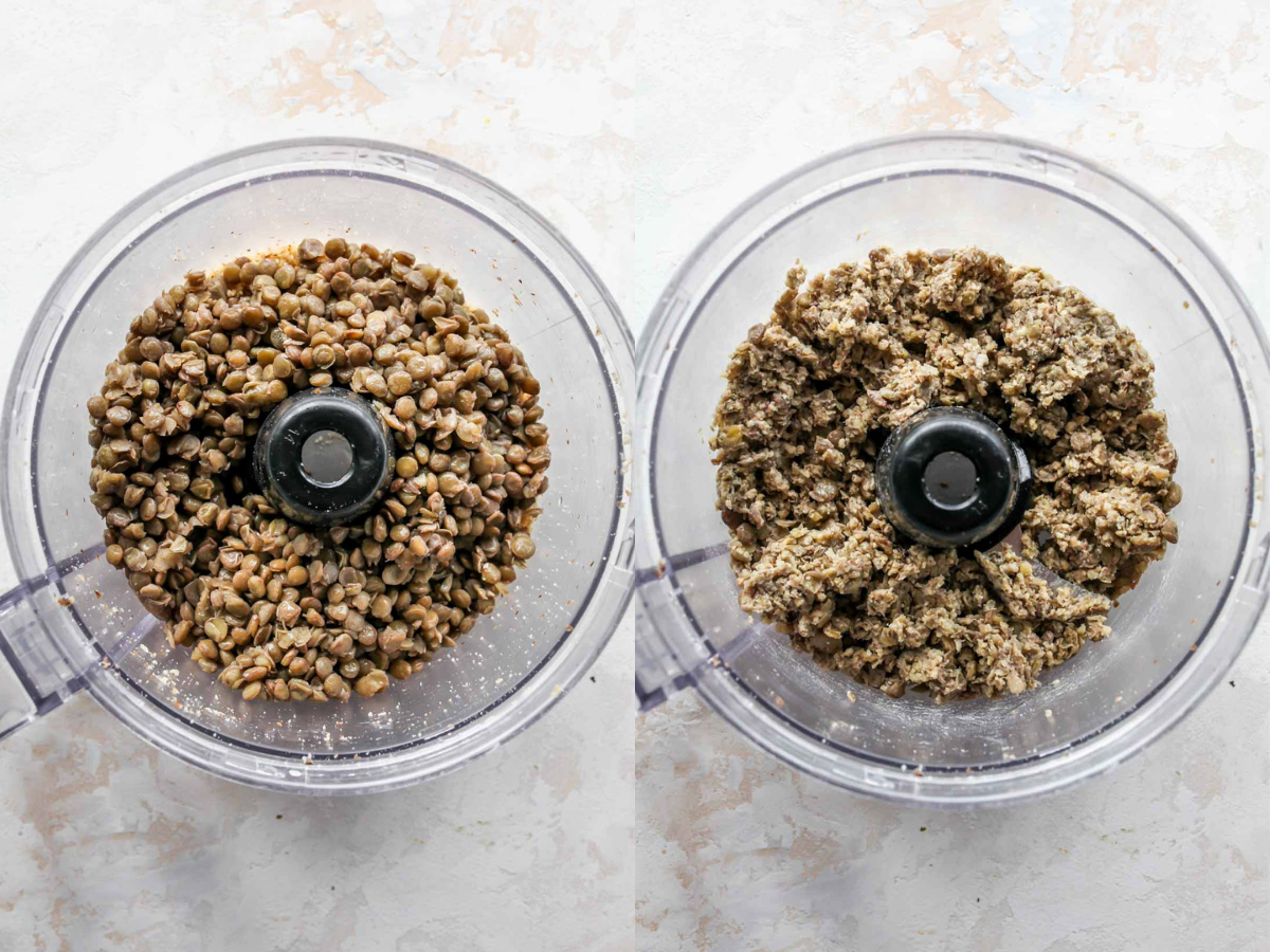 Lentils being blended in a food processor