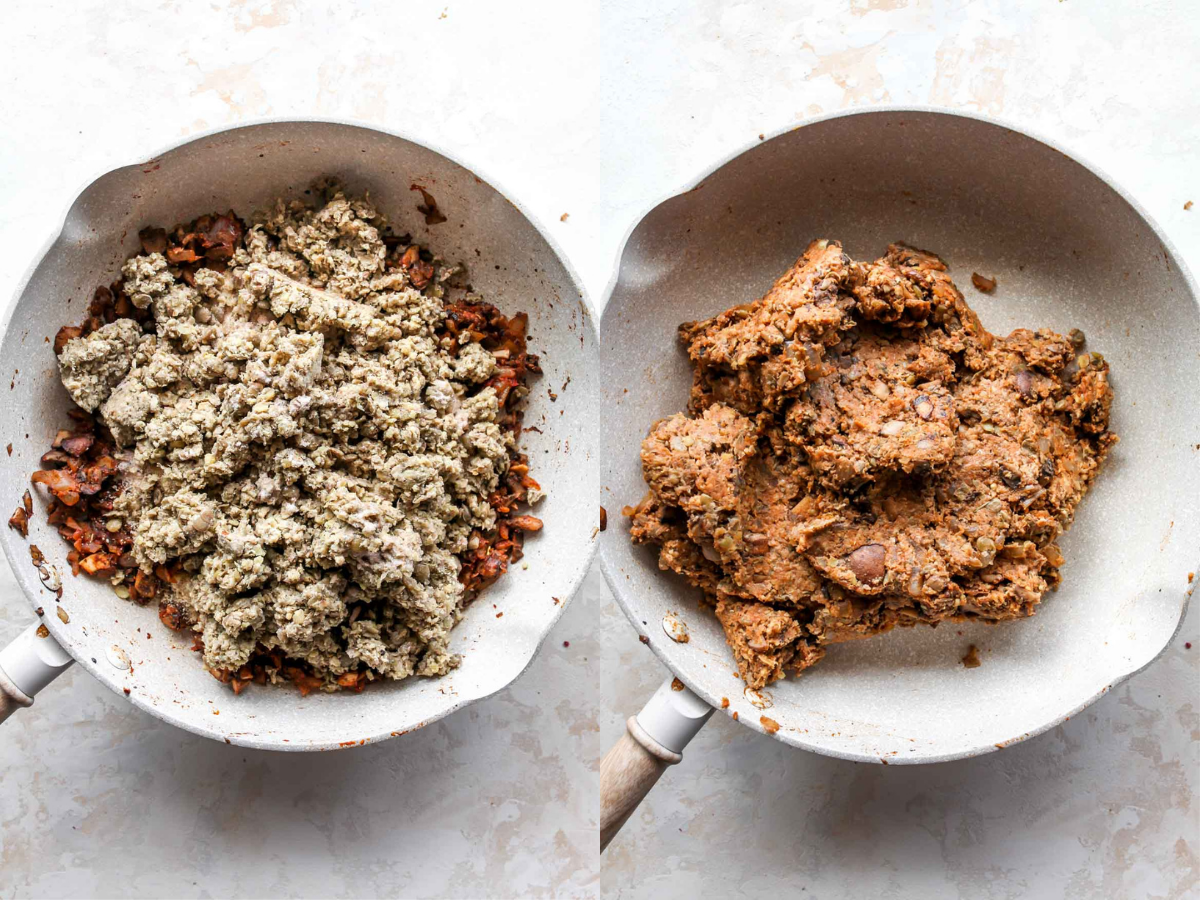 Meatloaf mixture being mixed together in a white skillet