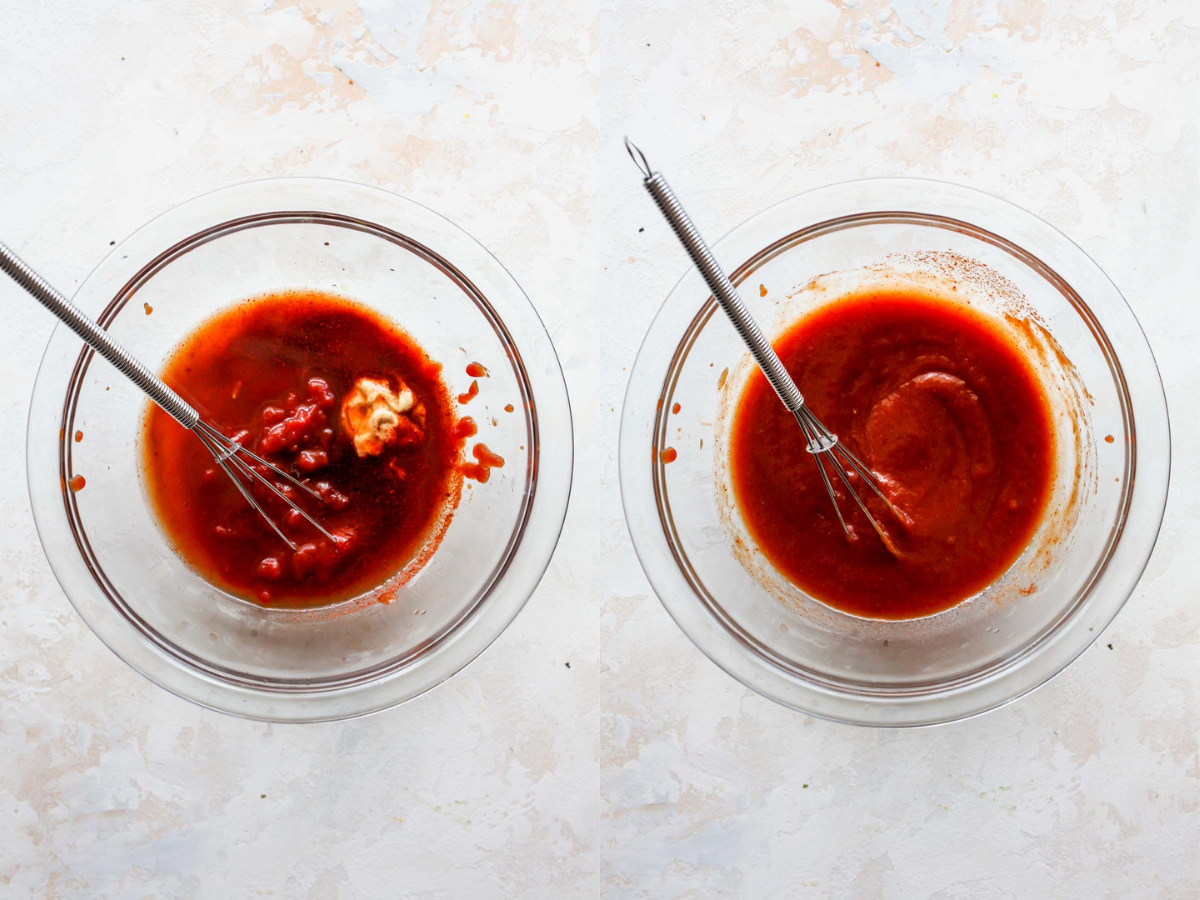 BBQ sauce being whisked together in a clear glass bowl