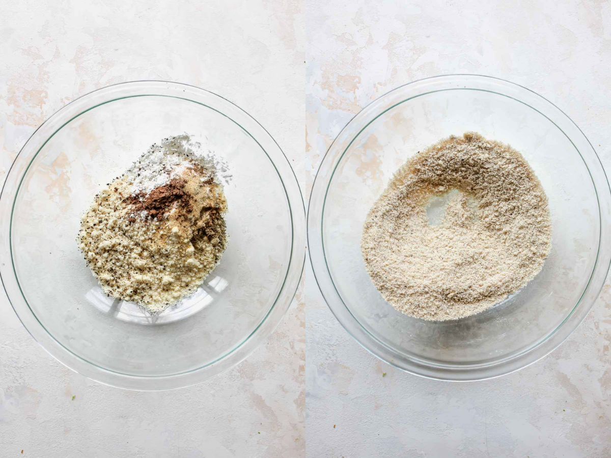 Almond flour being mixed with corn starch and spices in a bowl