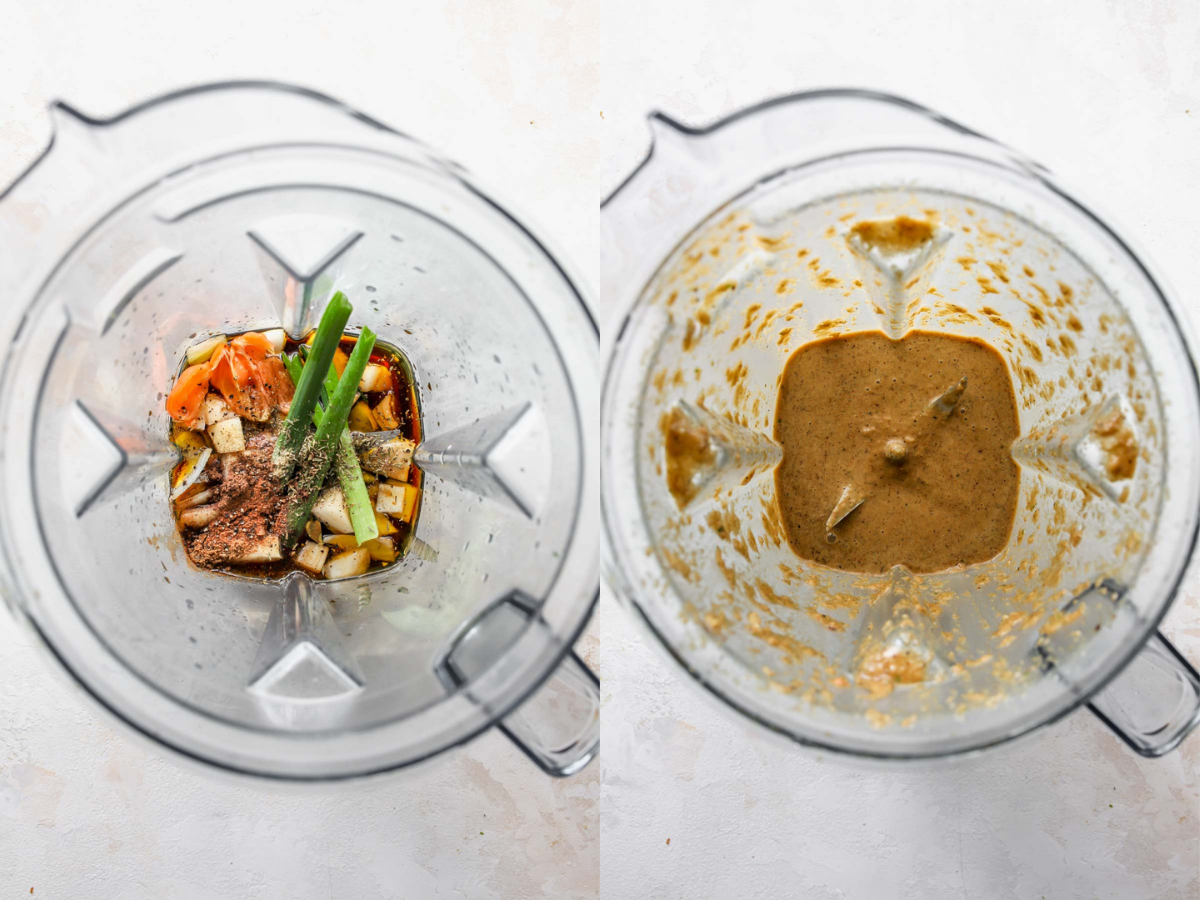 Jerk sauce ingredients being combined in a blender and blended until smooth