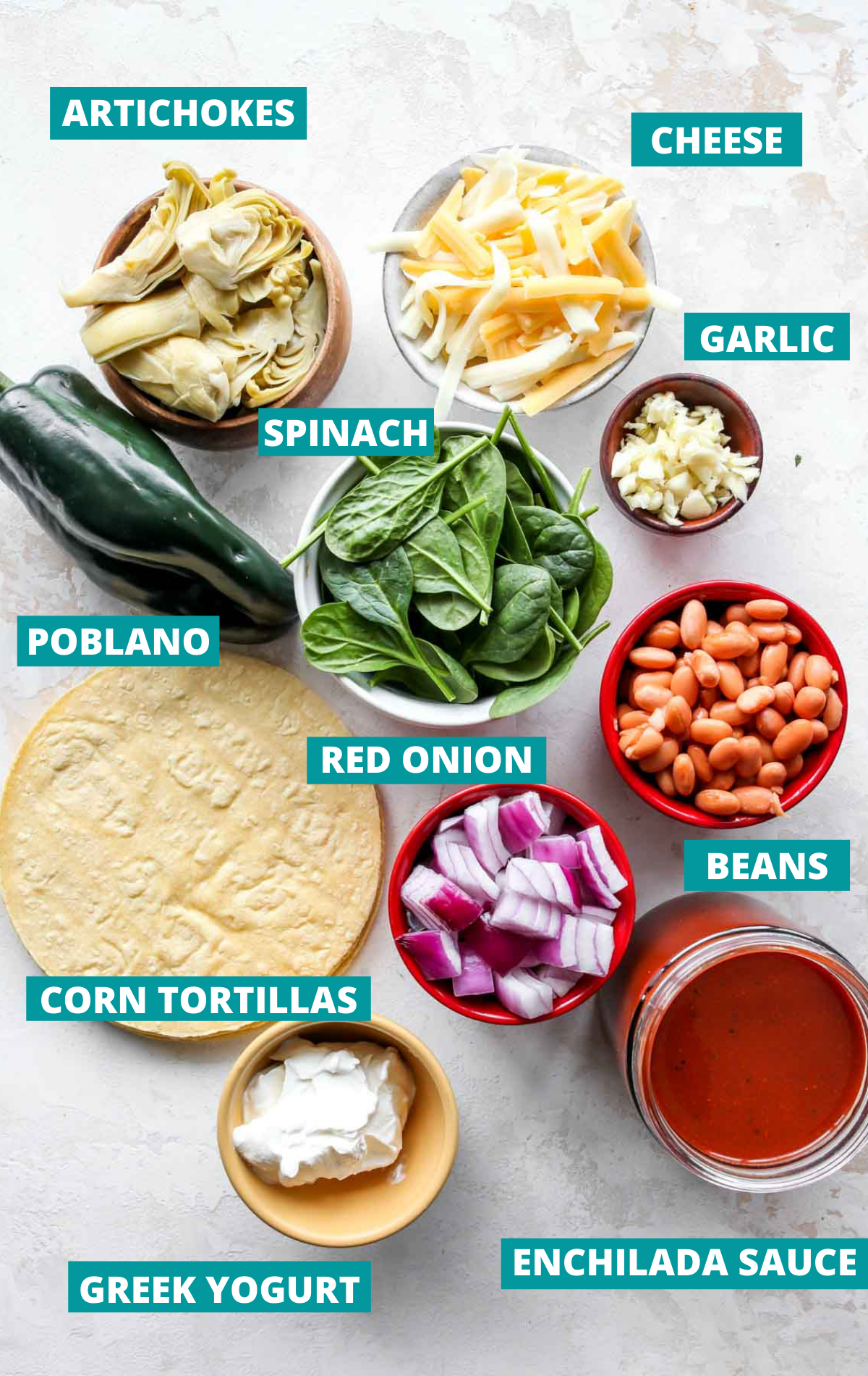 Recipe ingredients in bowls on a white board with blue labels