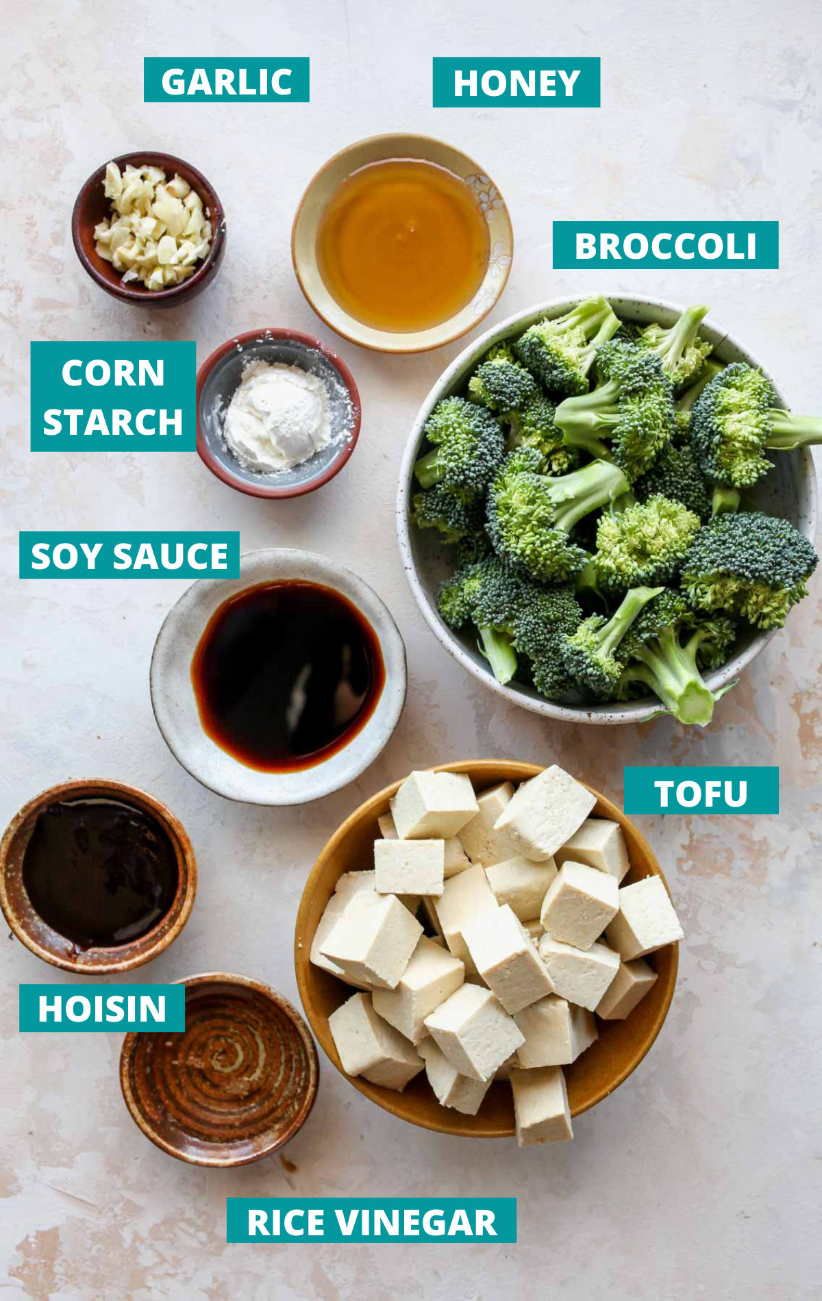 Recipe ingredients in separate bowls with blue title tags