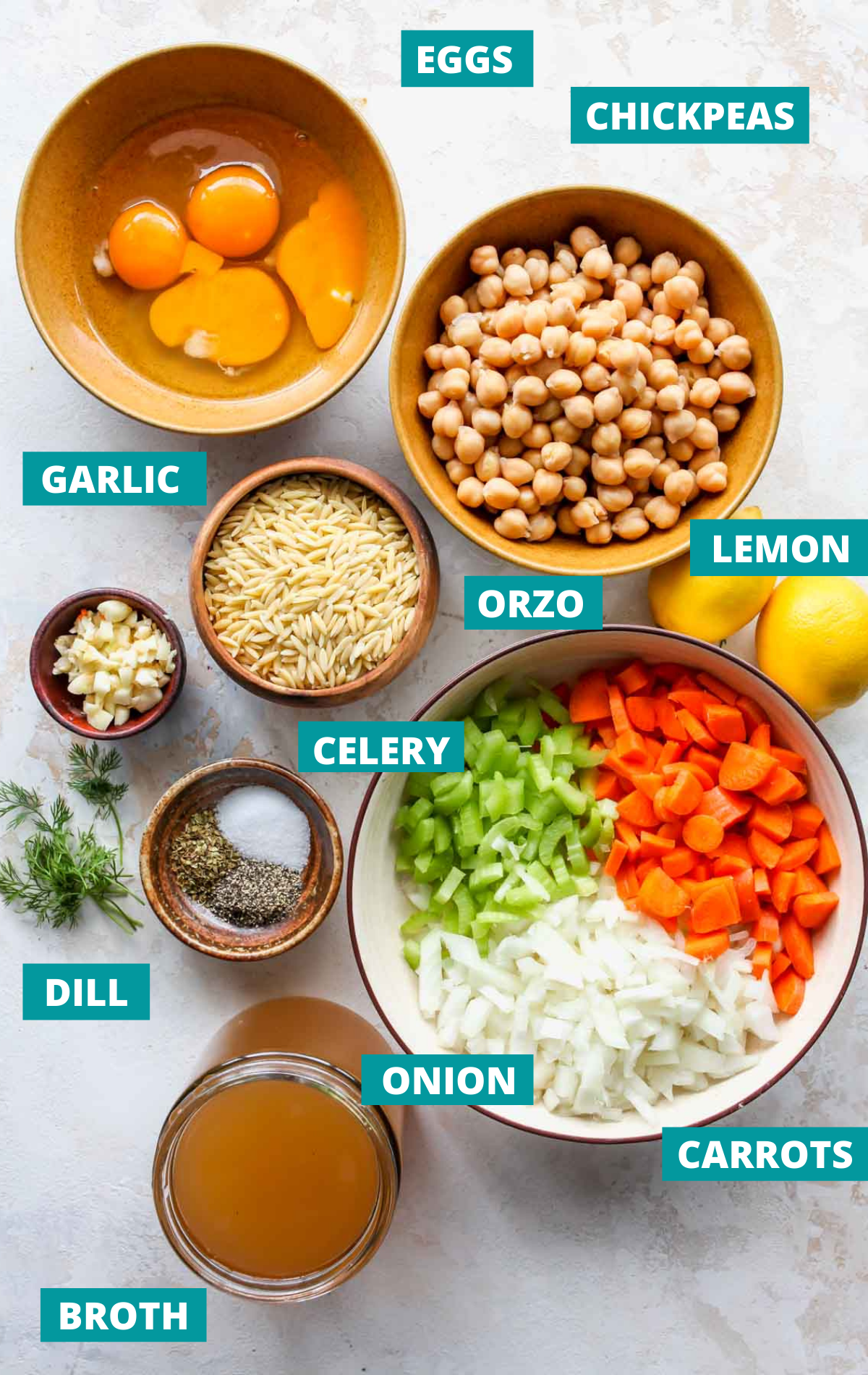 Recipe ingredients in separate bowls with teal labels