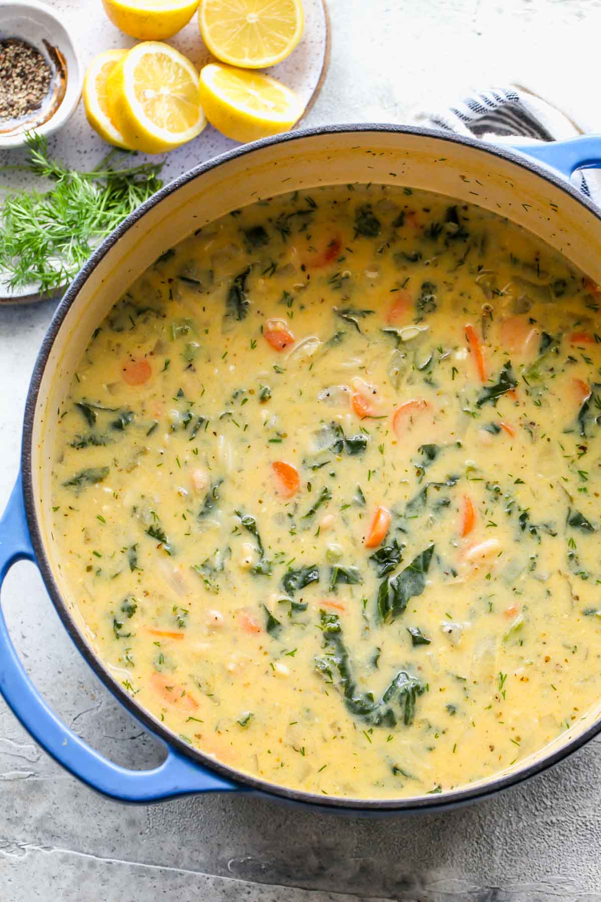 Finished soup in a large blue Dutch oven
