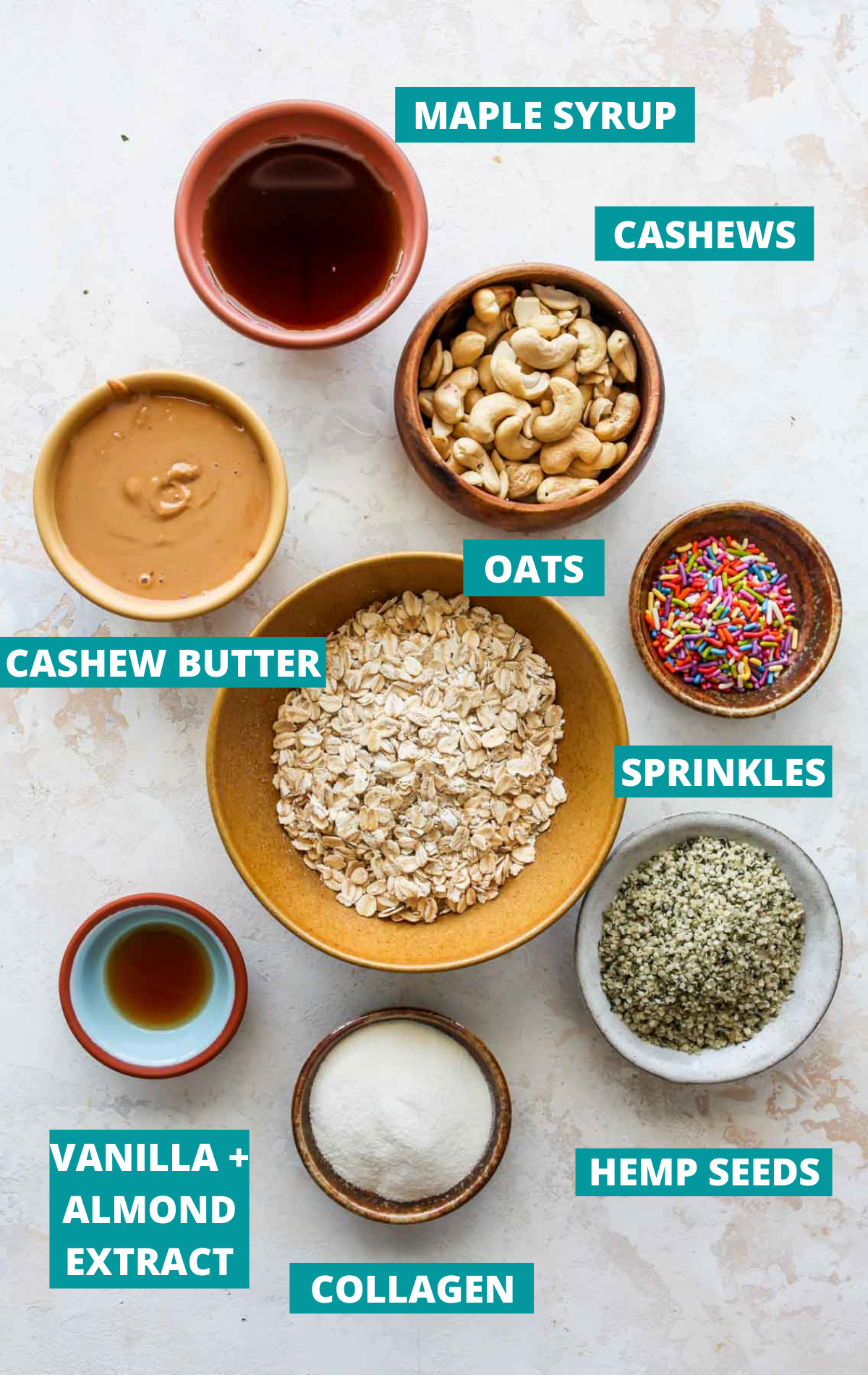 Recipe ingredients in separate bowls on a white board