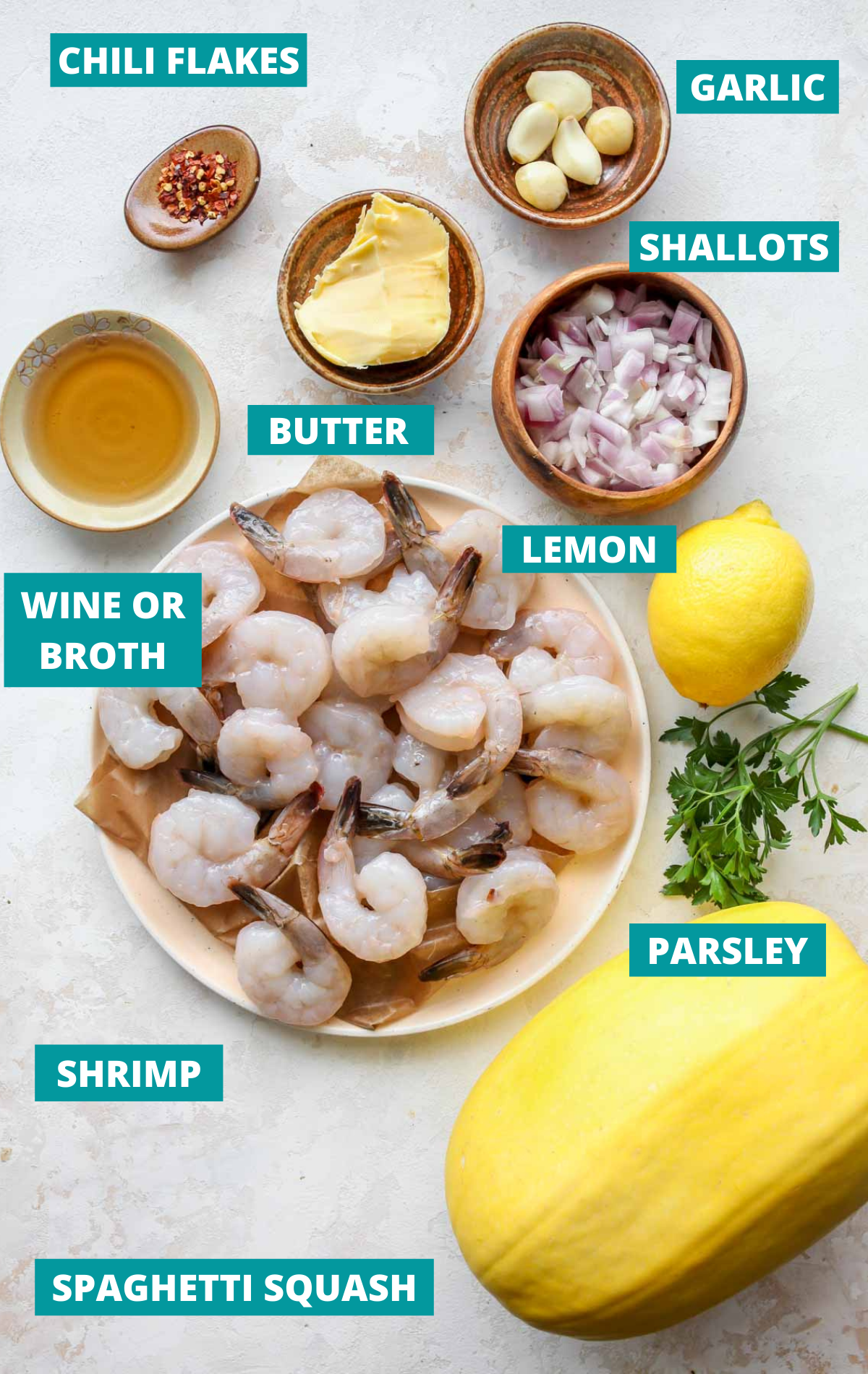 ingredients in separate bowls with blue labels
