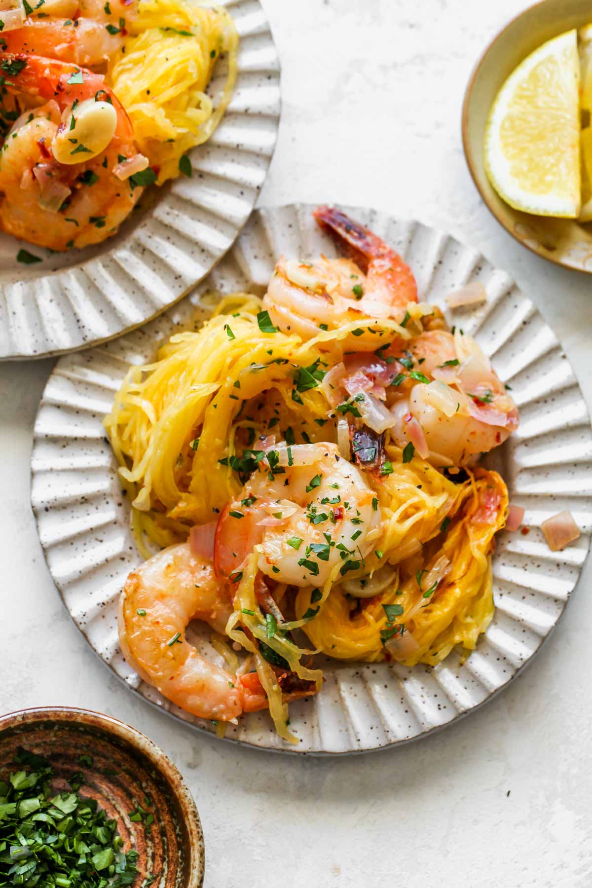 Single serving of shrimp scampi on a plate