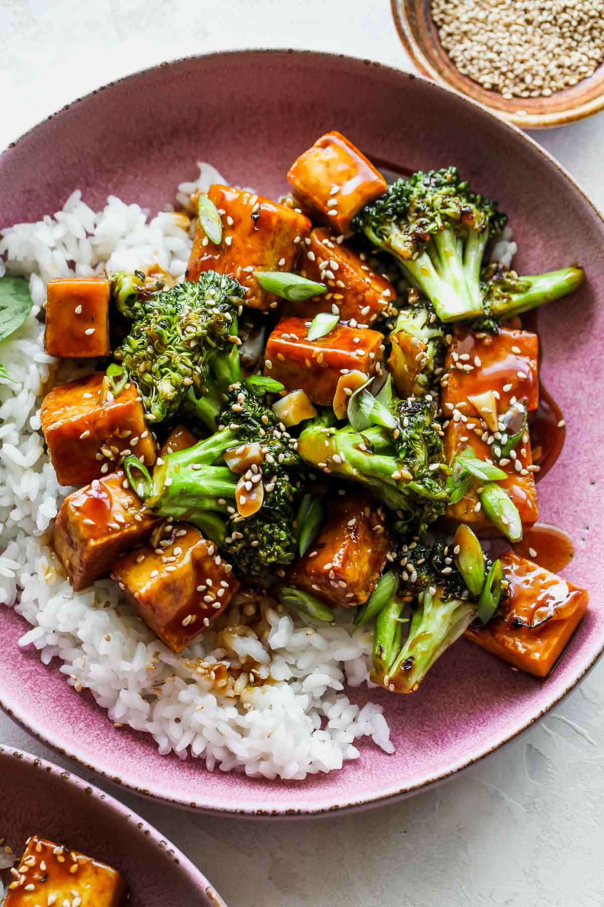 Tofu and veggies served over rice and topped with scallions and sesame seeds