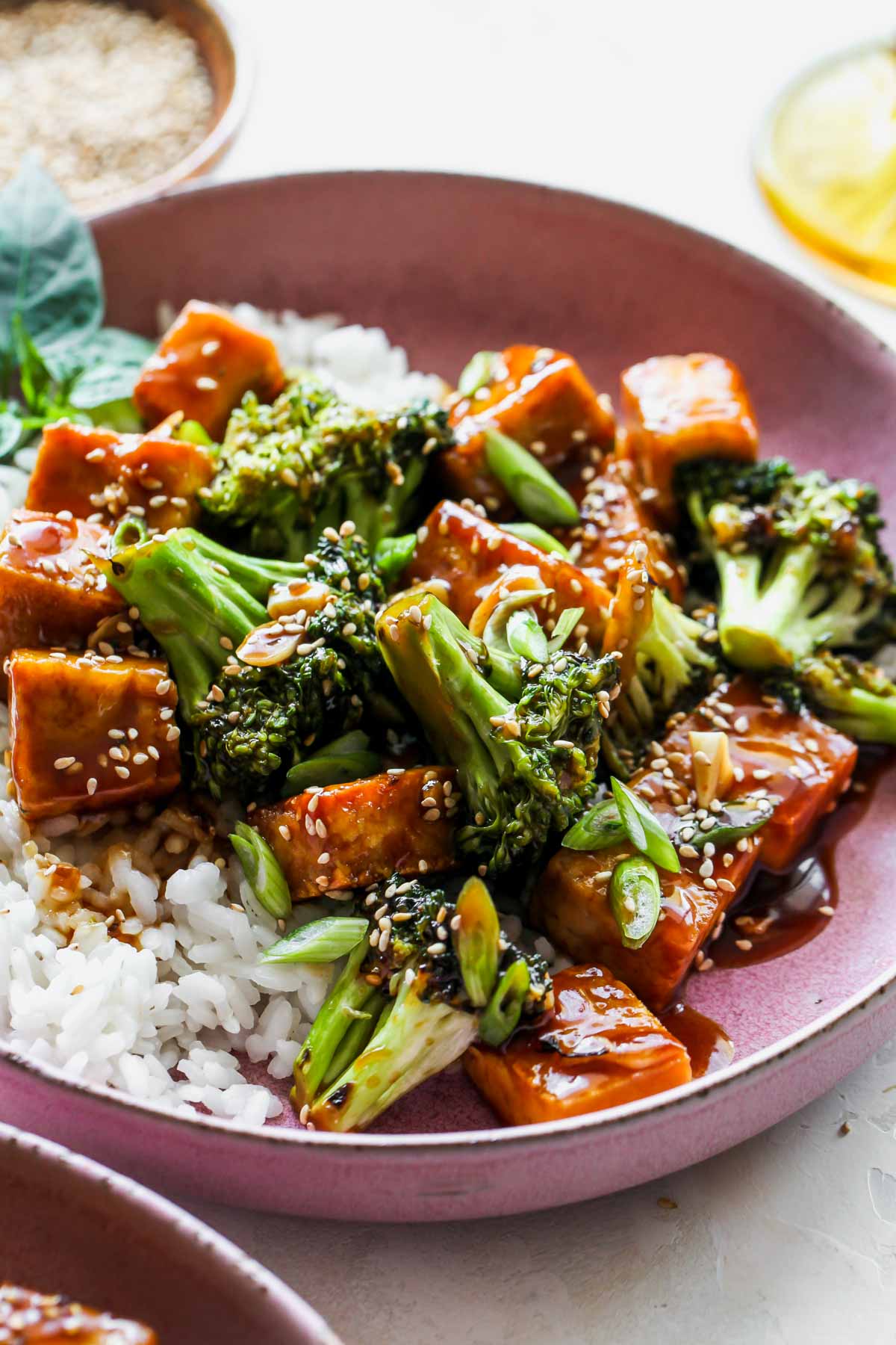 Tofu tossed in homemade teriyaki sauce and served over rice in a pink bowl