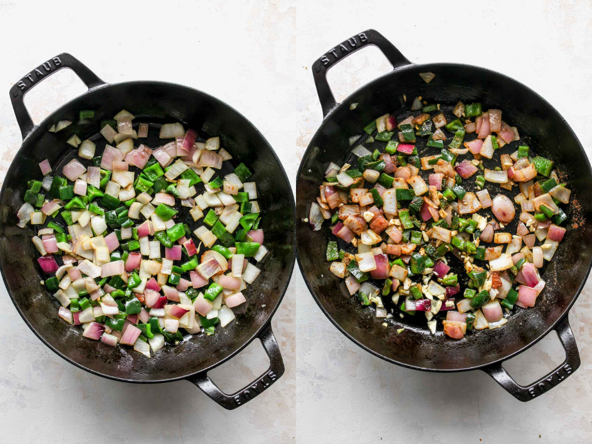 Red onion and poblano pepper sautéing in a cast iron pan