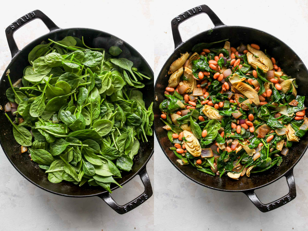 Fresh spinach, beans, and artichokes being mixed into a pan of onions and peppers