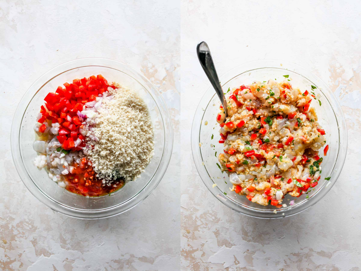 Raw shrimp, breadcrumbs, peppers, and onion being stirred together in a large bowl
