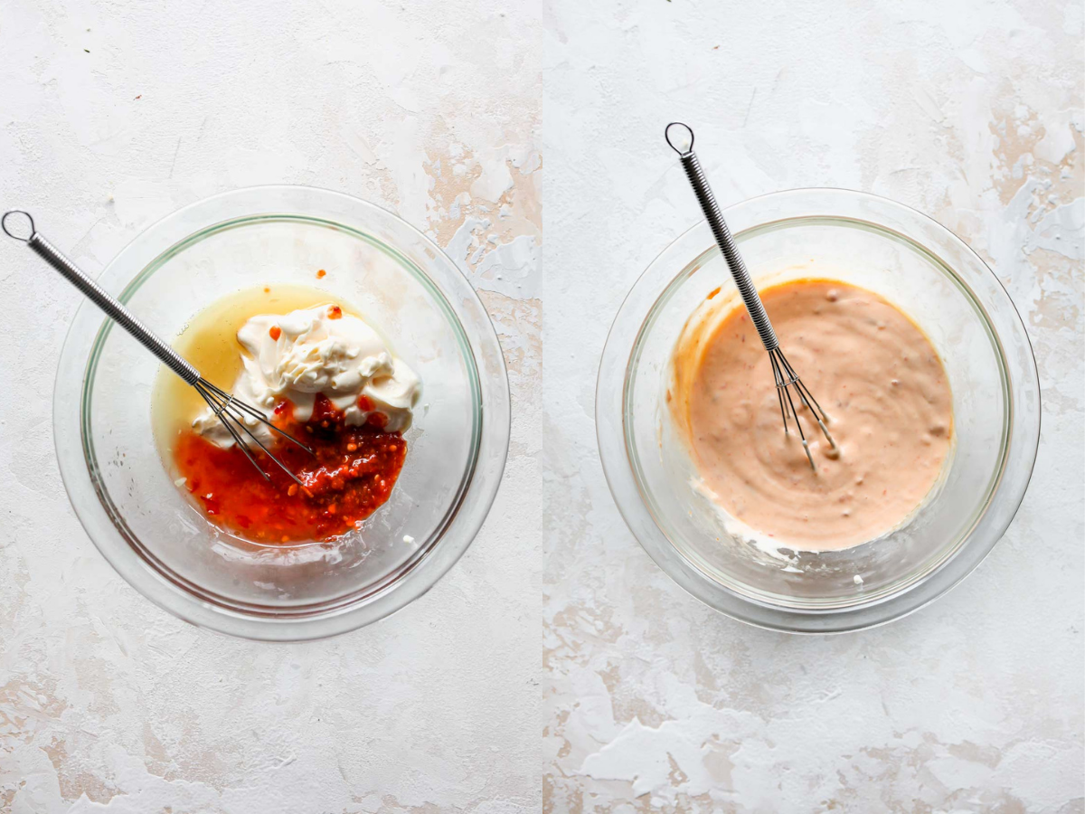 Chili aioli being whisked in a clear mixing bowl