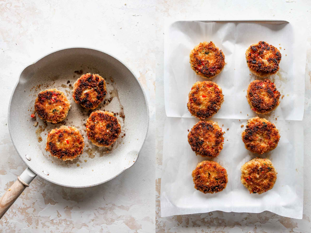 Shrimp patties being seared in a skillet and transferred to a baking sheet