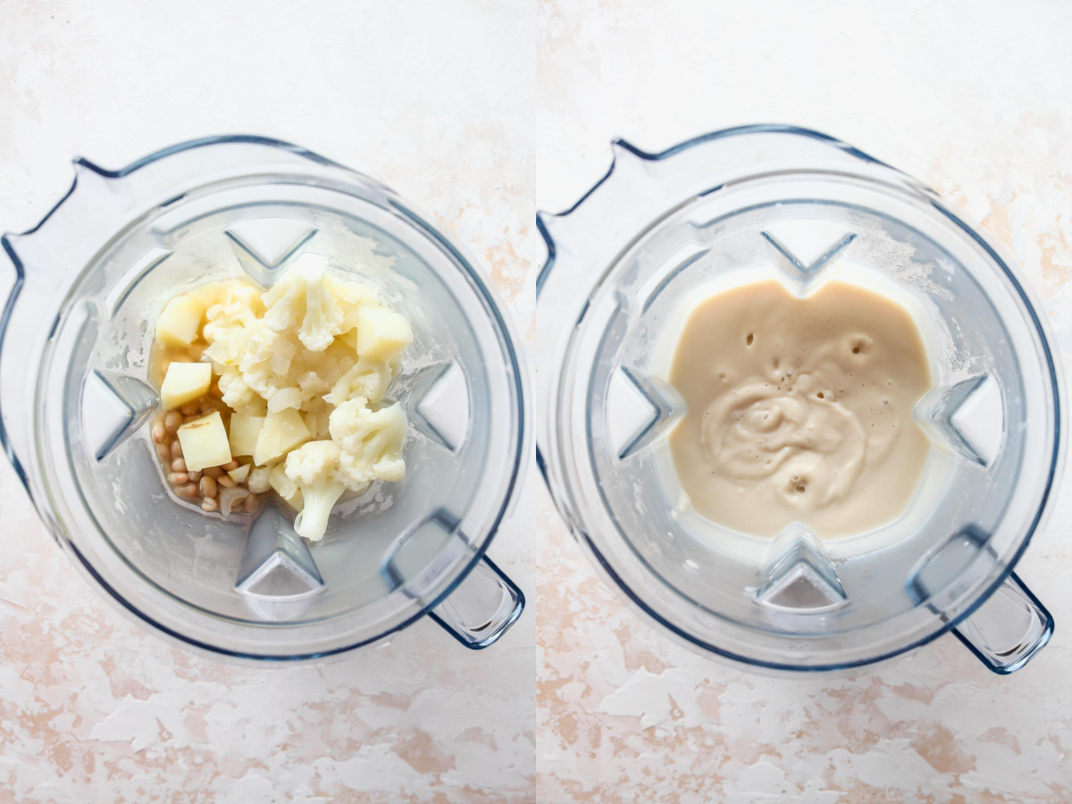 Cauliflower soup being added to a blender of white beans and blended until smooth