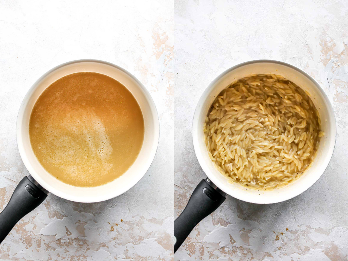 Orzo cooking in broth until al dente