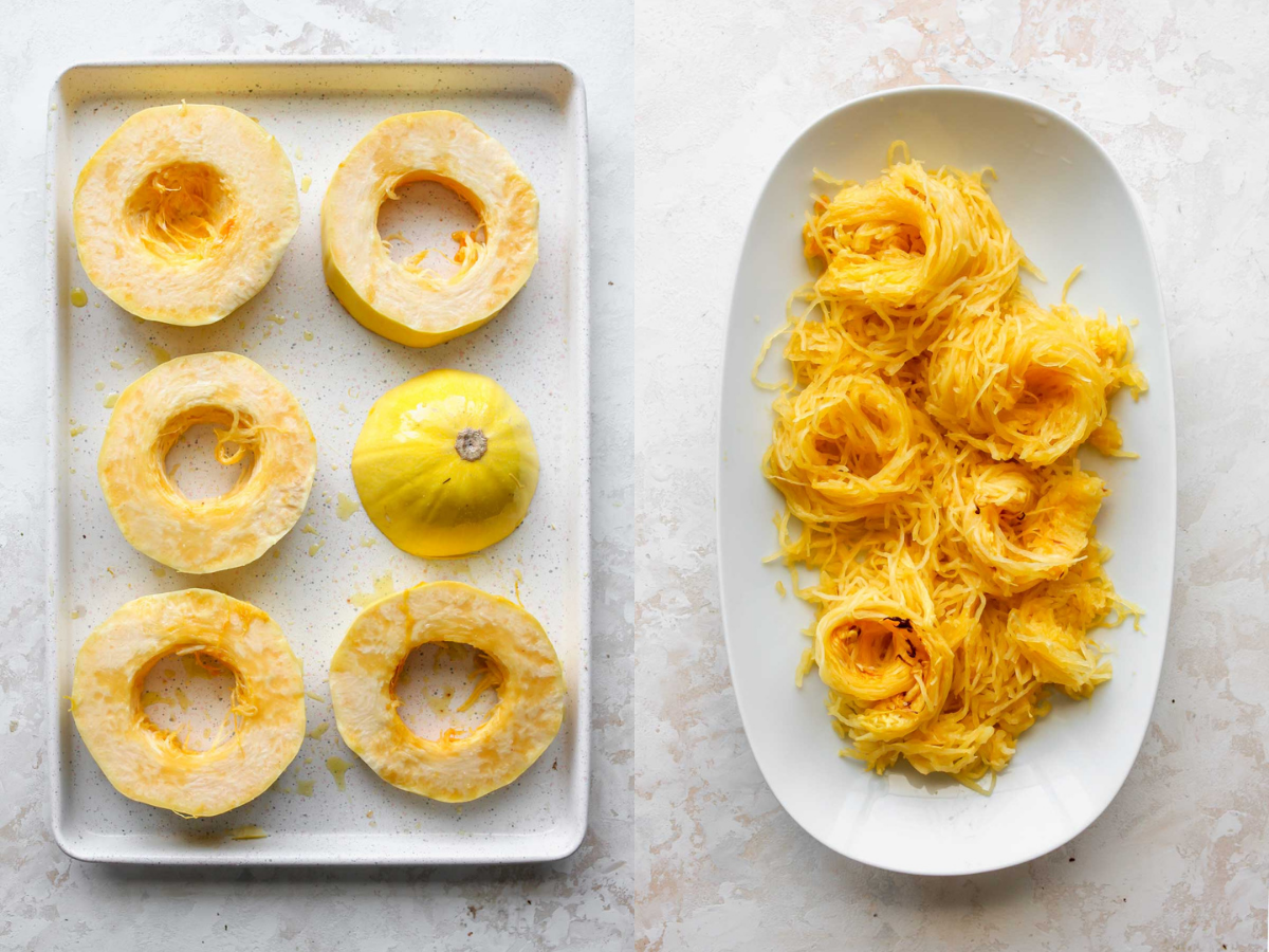 Spaghetti squash being sliced into rings, and styled on a platter