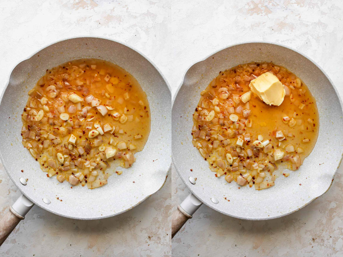 White wine and butter being added to a skillet of aromatics