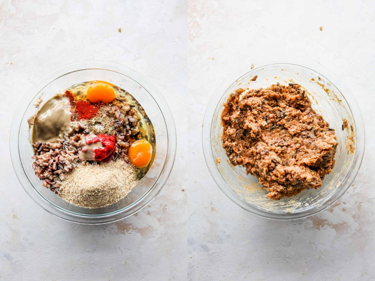 Burger ingredients being mixed together into a cohesive dough in a large bowl