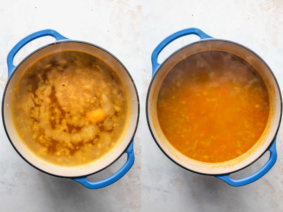 Broth, chickpeas, and orzo being simmered in a blue Dutch oven