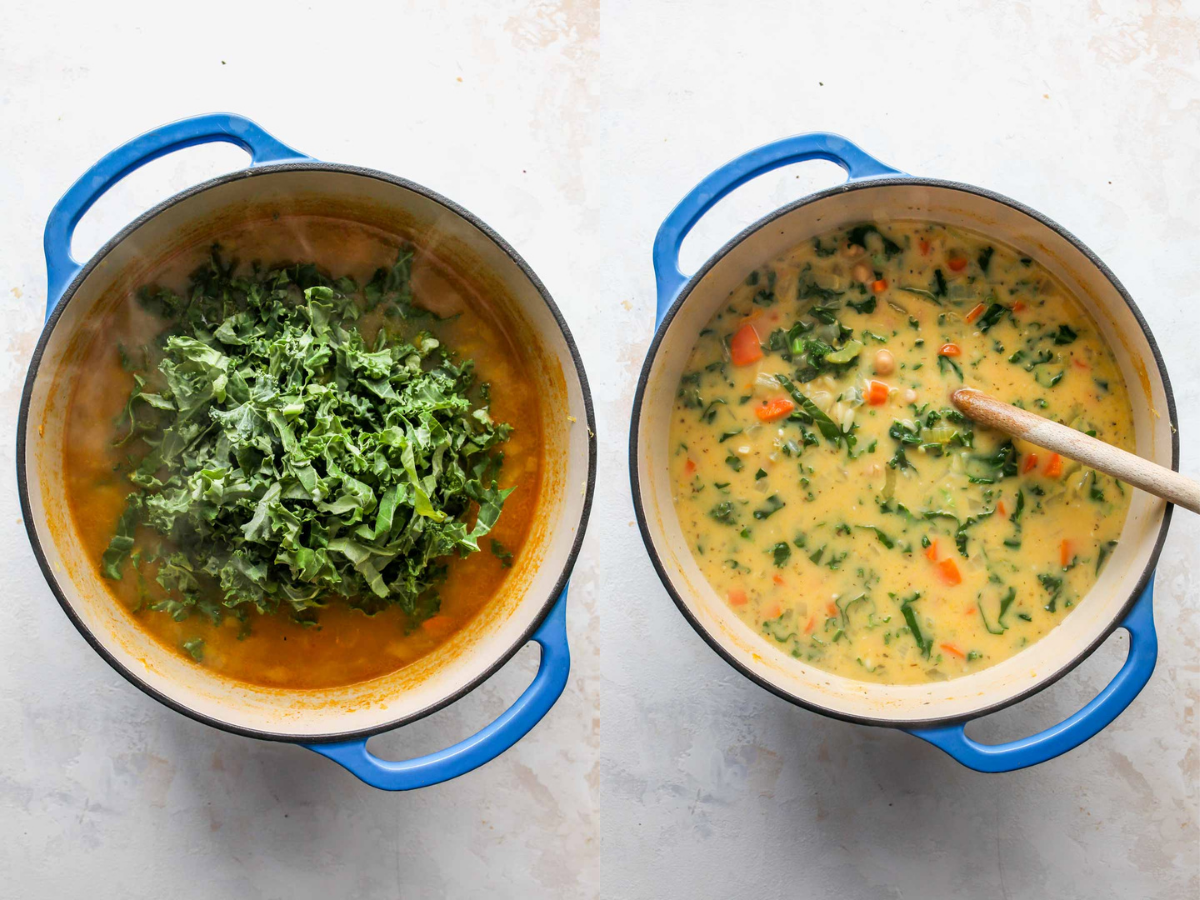 Kale being stirred into a pot of soup
