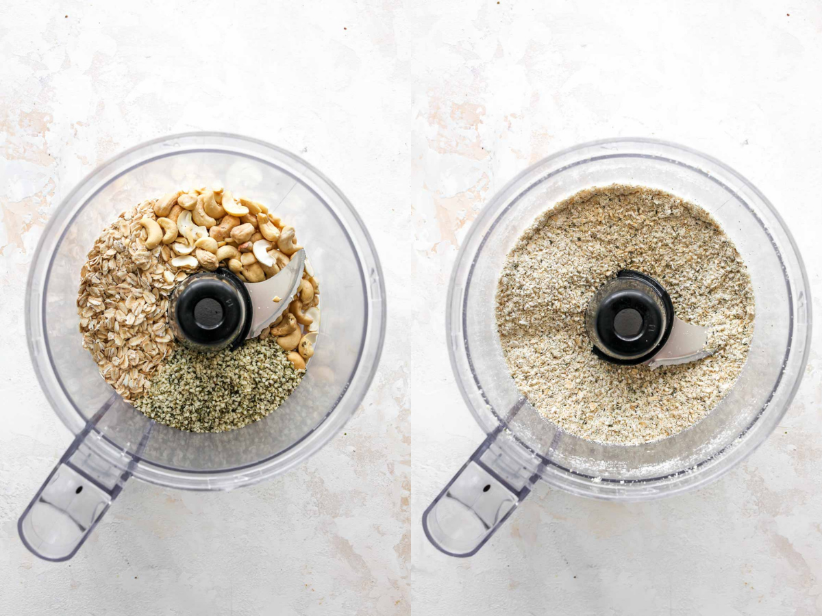 Oats, Cashews, and Hemp seeds being blended in a food processor