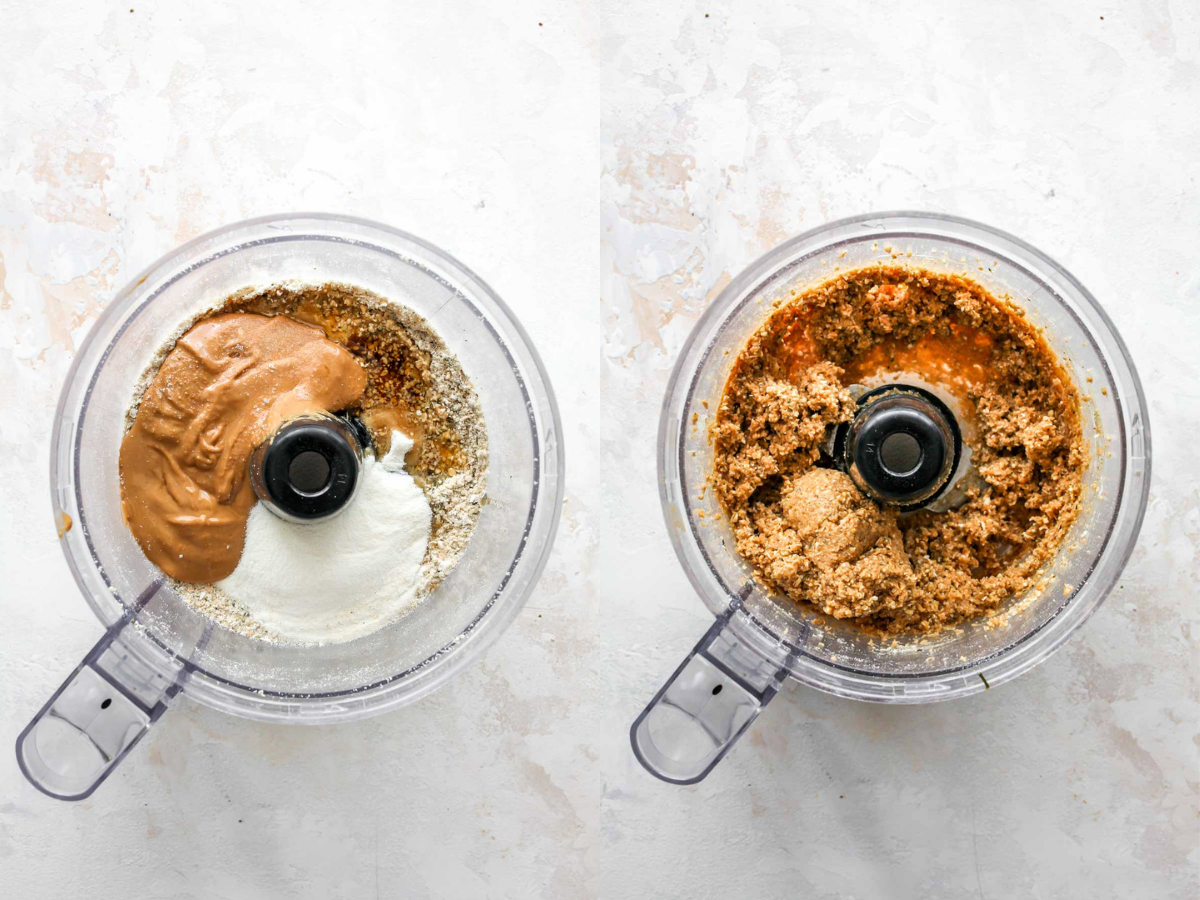 Cashew butter, collagen, and maple syrup being blended in a food processor
