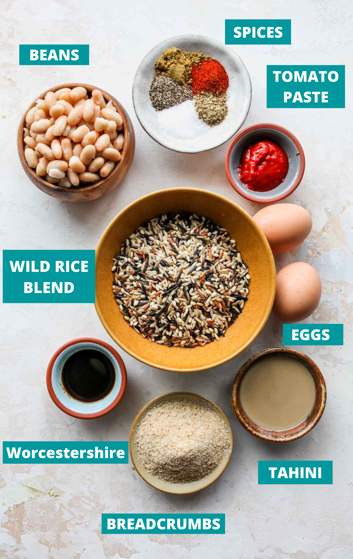 Recipe ingredients in separate bowls with teal labels