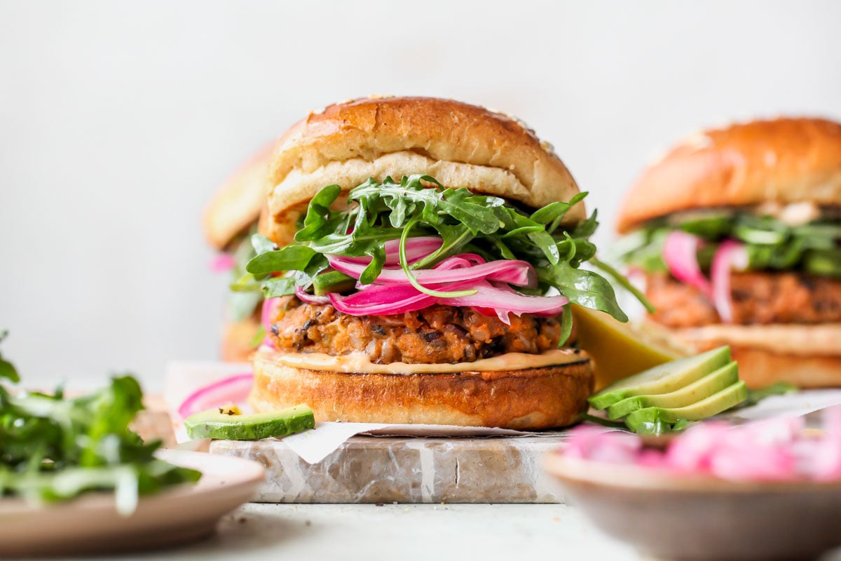 Styled veggie burgers on a platter