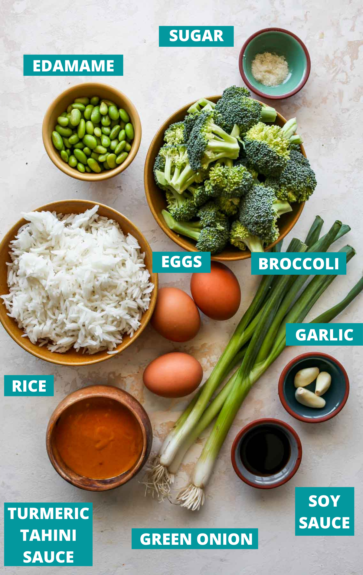 Recipe ingredients laid out on a board with blue labels