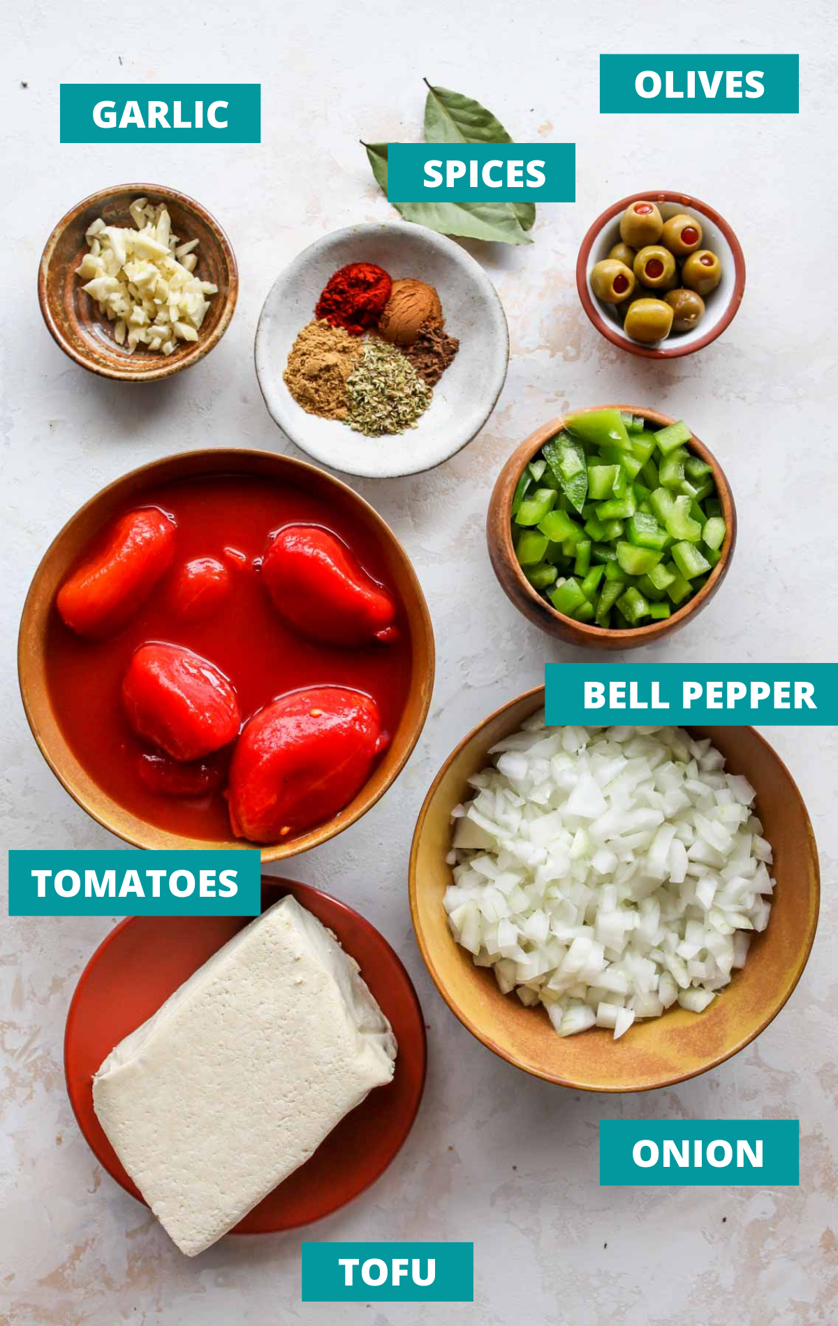 Recipe ingredients on a white board with blue labels