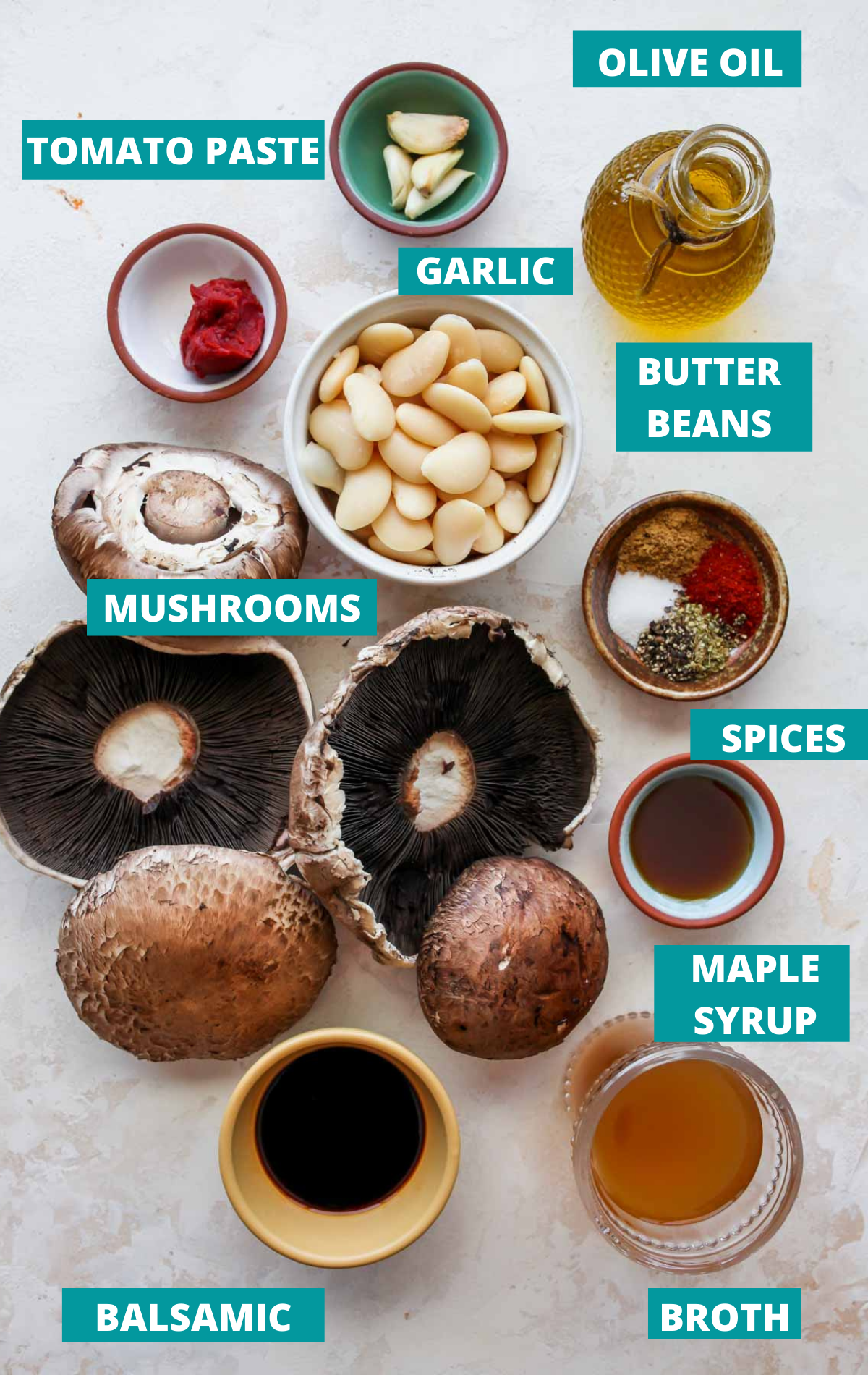 Recipe ingredients on a white board with blue labels