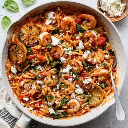 Harissa Shrimp Orzo with Feta and Lemon