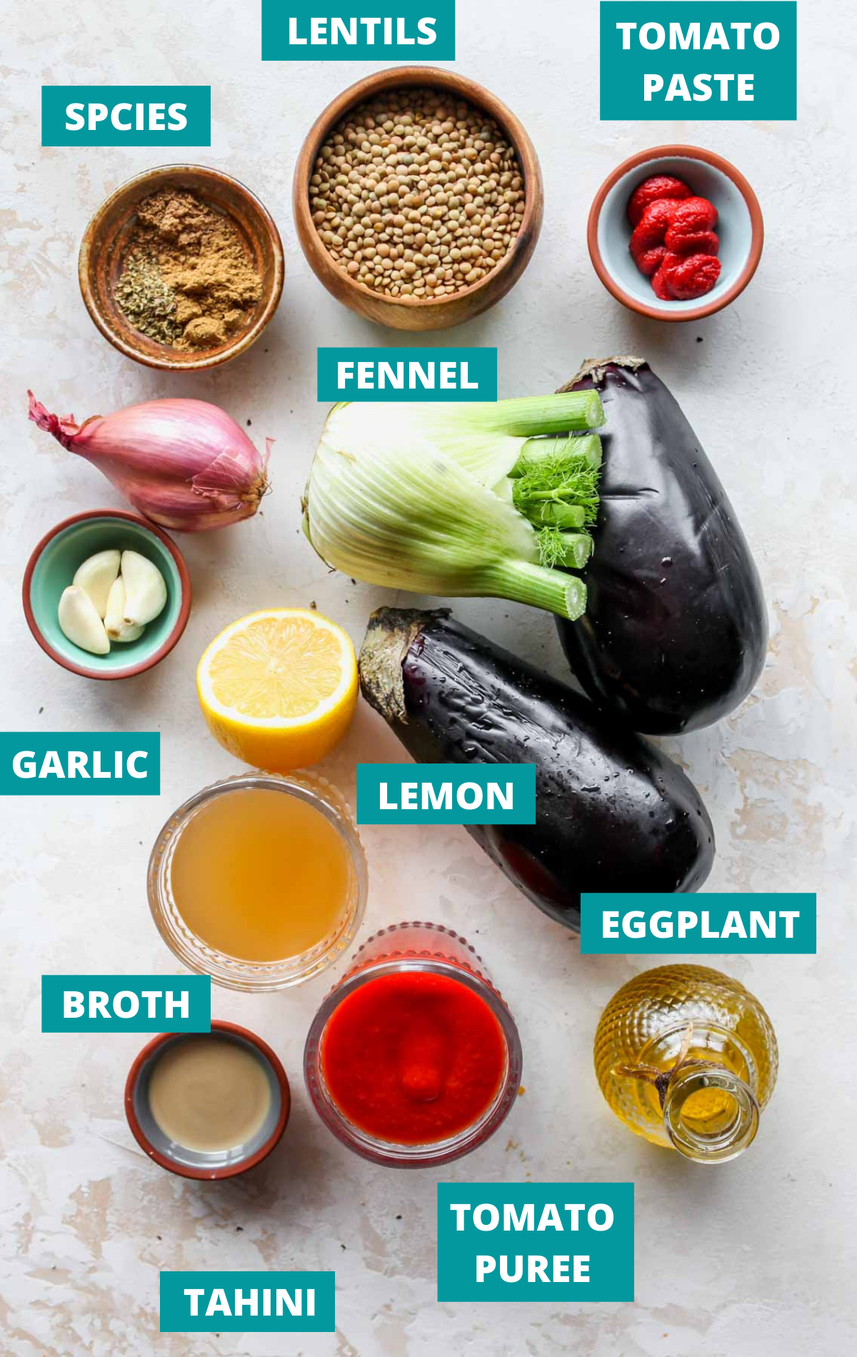 Recipe ingredients on a white board with blue labels