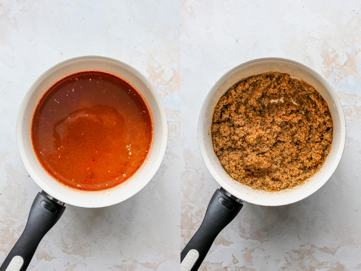 Quinoa being cooked in broth in a saucepan