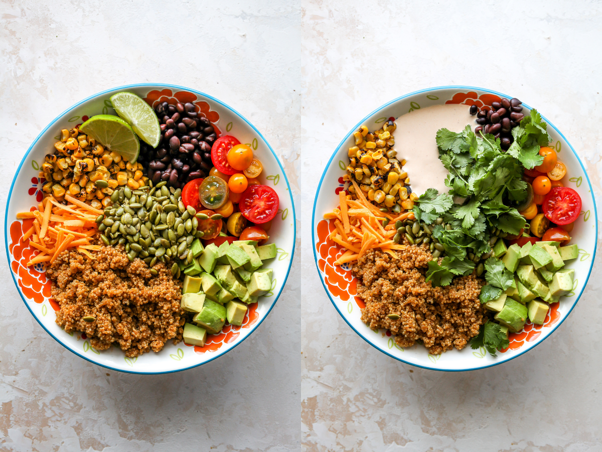 Dressing being poured over all salad ingredients in a white serving bowl