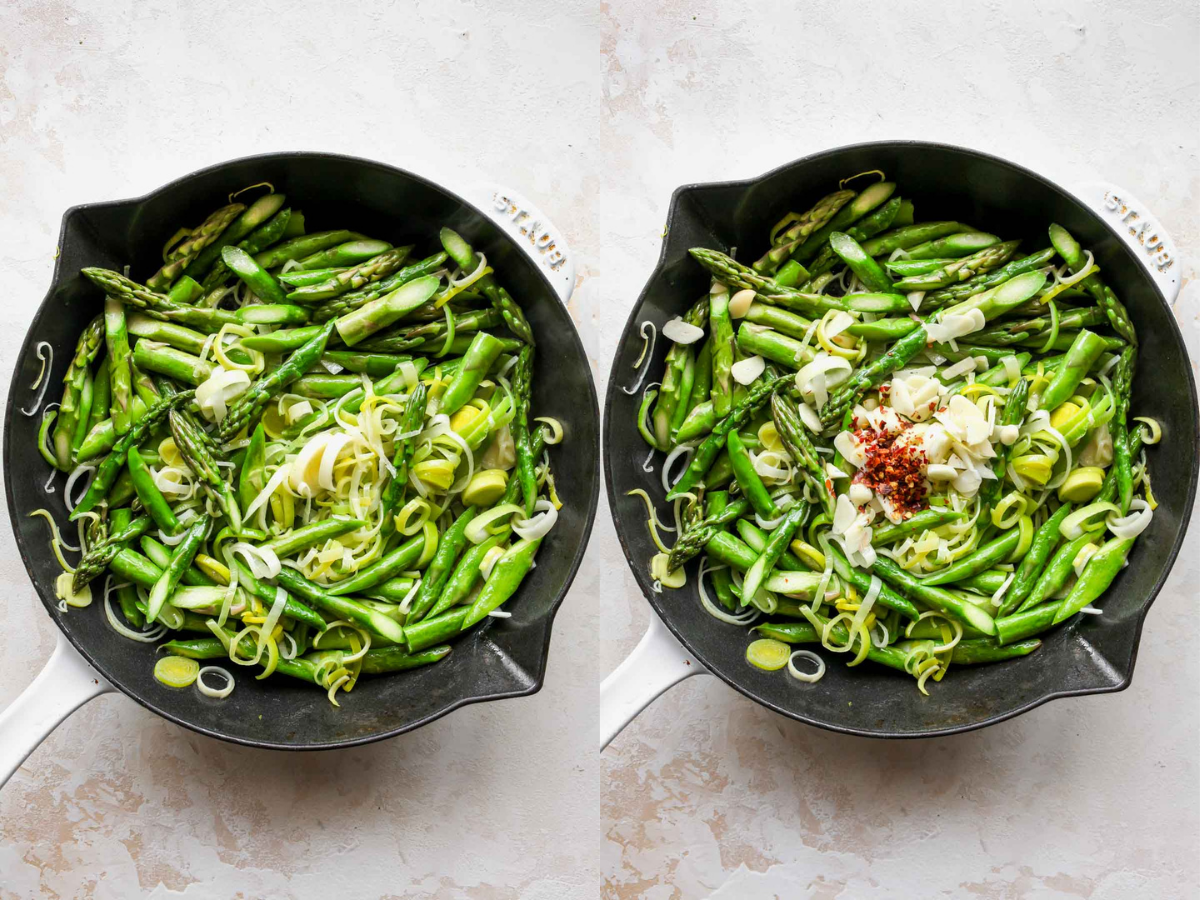 Asparagus, leeks, and garlic sautéing in a skillet