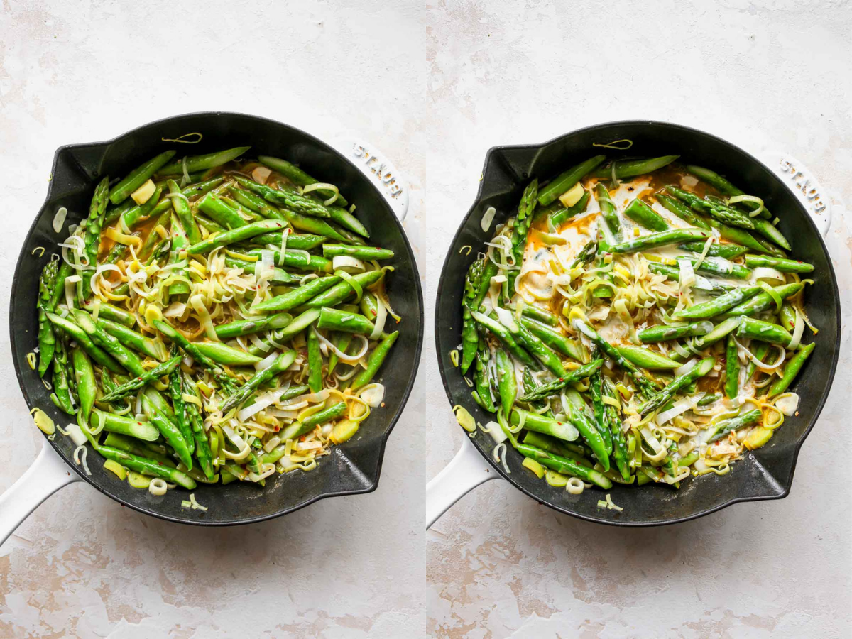 Wine and heavy cream being poured in a skillet of veggies