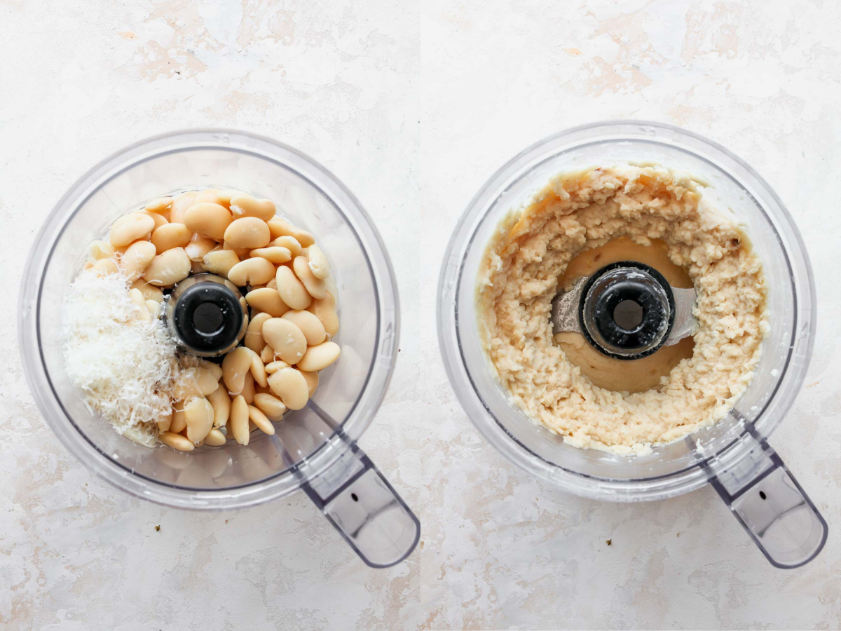 Butter beans being blended until smooth in a food processor