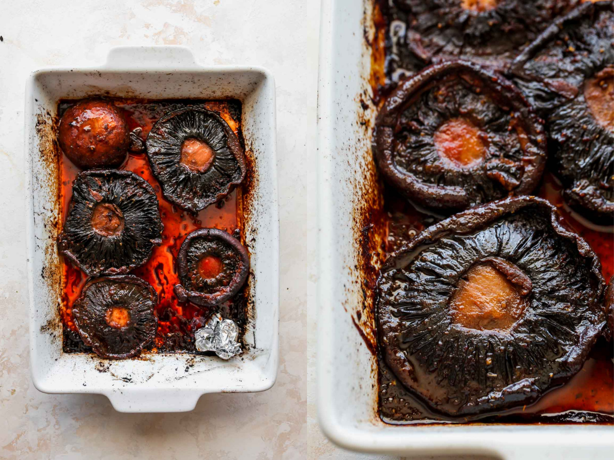 Portobello mushrooms being roasted in a white baking dish