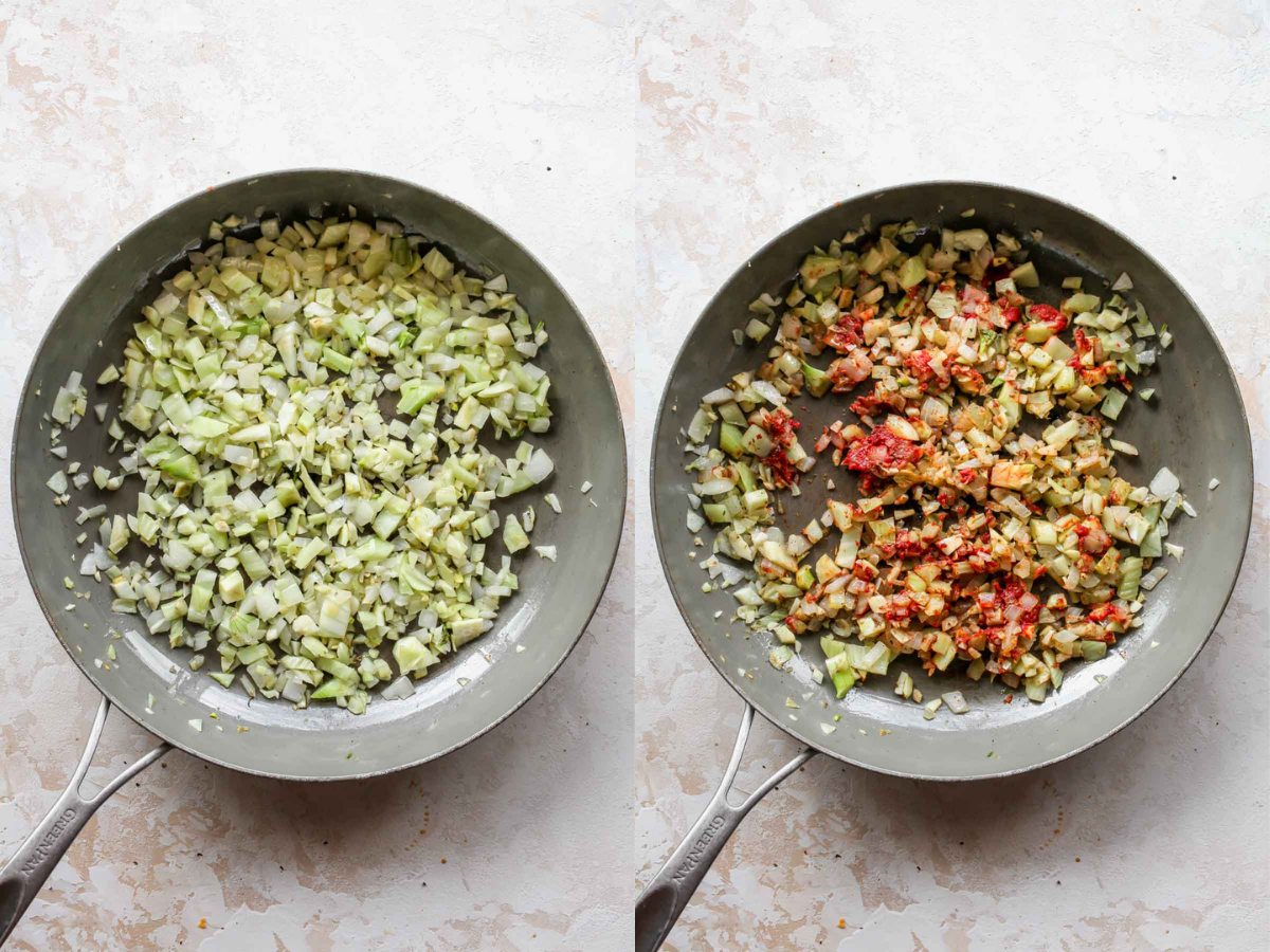 Onions, fennel, and tomato paste sautéing in a skillet