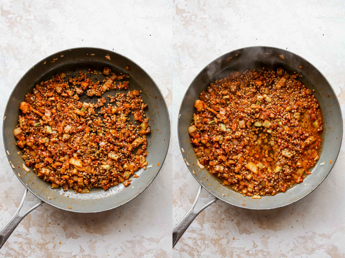 Lentils and broth being added to skillet
