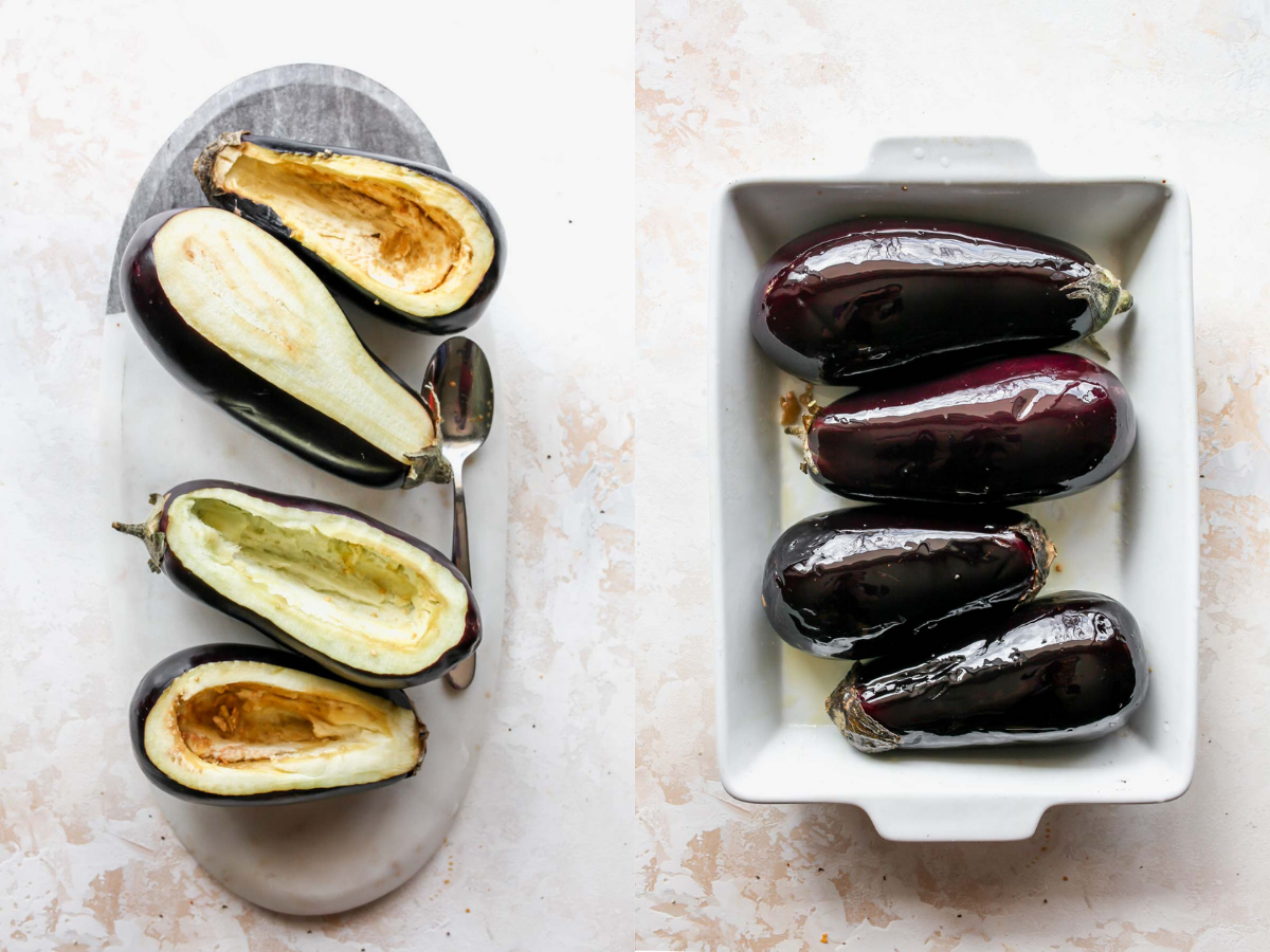 4 globe eggplants being sliced into and arranged in a baking dish