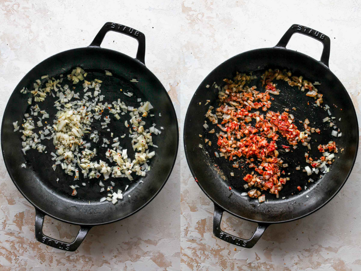 Shallots, garlic, and tomato paste being cooked in a black cast iron pan