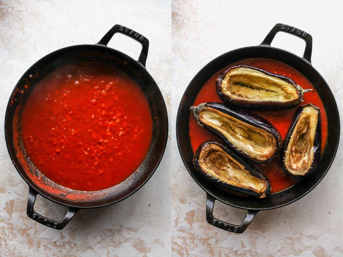 Tomato sauce simmering in a black skillet